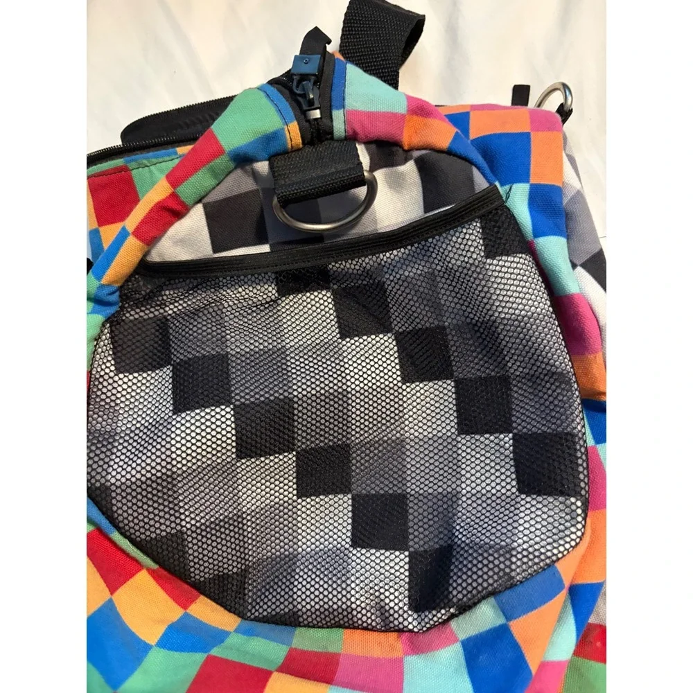 Duffle Bag Small Checkerboard Multi-Color Pixel Print Mesh Pocket 19in Retro